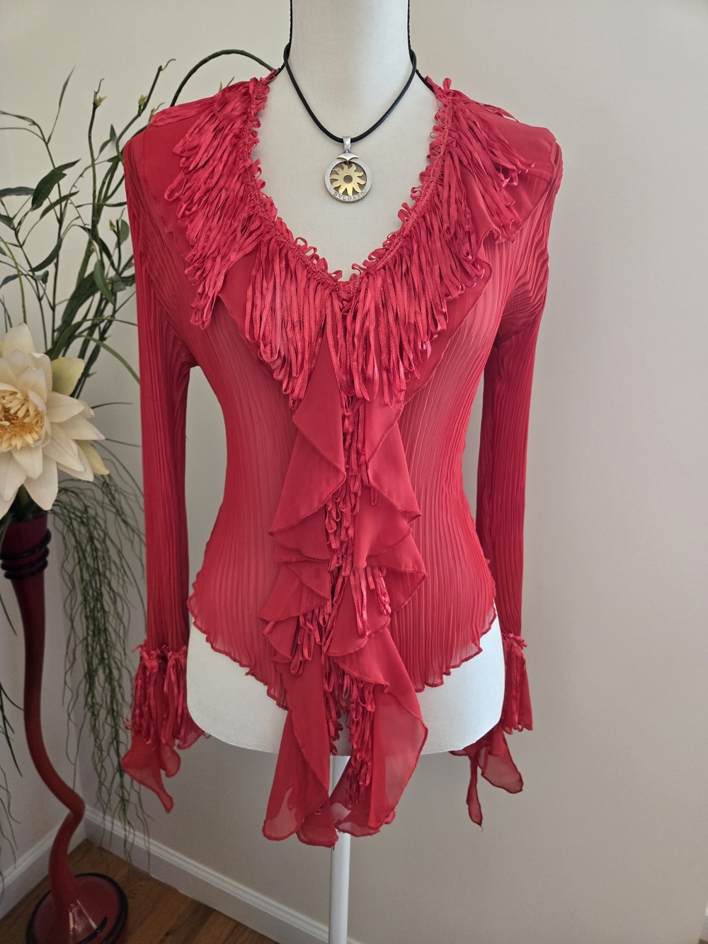 Red Ruffle-Trim V-Neck Blouse